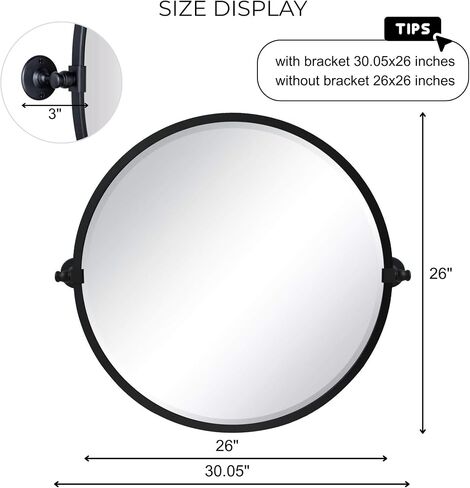 TEHOME 26'' Circle Pivot Bathroom Mirror in Matt Black Metal Frame Round Tilting Beveled Vanity Mirrors for Wall in Kuwait