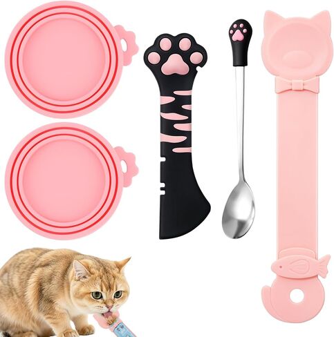 5 PCS Cat Food Can Lid Set, Cat Can Opener & Stainless Steel Cat Spoon, Silicone Can Covers, Treat Dispenser Spoon, Multi-function Pet Feeding Tools for Cats - Cute Cats Supplies (Black Pink) in Saudi Arabia