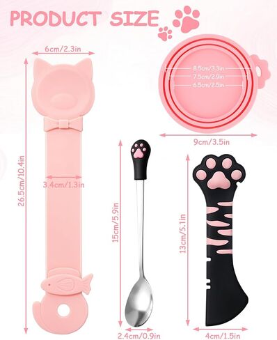 5 PCS Cat Food Can Lid Set, Cat Can Opener & Stainless Steel Cat Spoon, Silicone Can Covers, Treat Dispenser Spoon, Multi-function Pet Feeding Tools for Cats - Cute Cats Supplies (Black Pink) in Saudi Arabia