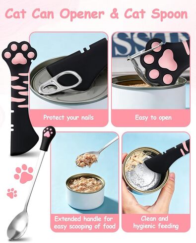 5 PCS Cat Food Can Lid Set, Cat Can Opener & Stainless Steel Cat Spoon, Silicone Can Covers, Treat Dispenser Spoon, Multi-function Pet Feeding Tools for Cats - Cute Cats Supplies (Black Pink) in Saudi Arabia