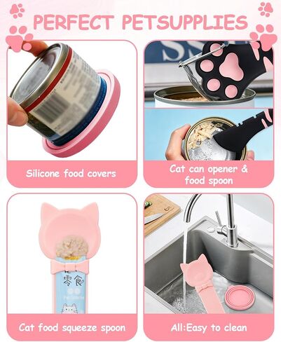 5 PCS Cat Food Can Lid Set, Cat Can Opener & Stainless Steel Cat Spoon, Silicone Can Covers, Treat Dispenser Spoon, Multi-function Pet Feeding Tools for Cats - Cute Cats Supplies (Black Pink) in Saudi Arabia