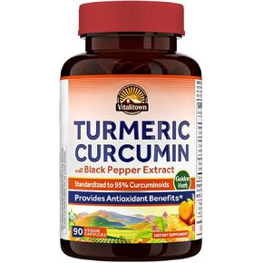 VITALITOWN Organic Turmeric Curcumin Root + Black Pepper, 1800MG, India Grown, 95% Standardized Curcuminoids, Ultra Potency, 2000% Absorption, No Lead or Gluten, Vegan Support, 90 ct in Saudi Arabia