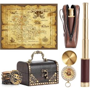 Retro Pirate Telescope for Kids, Pirate Treasure Hunt Kit with 25×30 Collapsible Spyglass Telescope, Treasure Map, Treasure Chest, Compass & Gold Coins, Gifts for Boys & Girls in Saudi Arabia