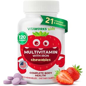 VitaWorks Kids Multivitamin with Iron & Minerals Chewable Tablets - Mixed Fruit Flavor - Vegetarian, GMO-Free, Nut Free - Dietary Supplement - Digestive Support for Children - 120 Chewables", in Saudi Arabia