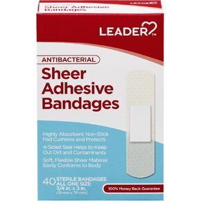 LEADER Sterile Sheer Adhesive Bandages, Latex Free, Triple Pad, Blends with Skin, Helps Prevent Infection, Comfortable Protection for First Aid and Wound Care, All One Size 3/4" x 3", 96 ct. in Kuwait