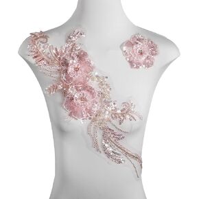 Sequin 3D Flowers Lace Applique,DIY Sew on Beaded Fabric Embroidered Flower Patch for Wedding Dress,Clothes,Dance Costumes (Light Coffee) in Kuwait