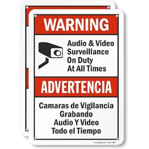 SmartSign 18 x 12 inch “Warning - Audio & Video Surveillance On Duty At All Times" Bilingual Sign, 63 mil Aluminum, 3M Laminated Engineer Grade Reflective Material, Red, Black and White, USA-Made in Saudi Arabia