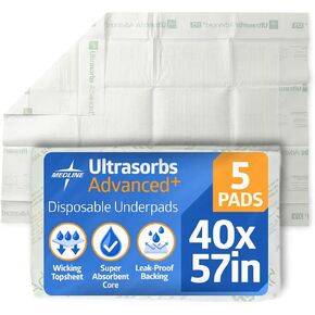 Medline Ultrasorbs XL Underpads Air Permeable 36 x 57 inches with Polymer to Protect Against Leaks, 36 x 57 inches (5 Count) in Kuwait
