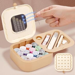 LOTOFUN Small Sewing Kit Box: Cookie Design Portable 2-Layer Organizer Magnetic Needle and Thread Kits Holder Basic Case - Travel Emergency Clothes Repair for Adults (Beige) in Kuwait