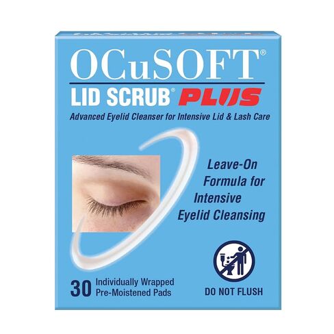 OCuSOFT Lid Scrub PLUS - Pre-Moistened Leave-On Eyelid Wipes for Moderate to Severe Conditions - Moisturizing Eyelid Cleanser for Maximum Relief - 30 Count in Kuwait