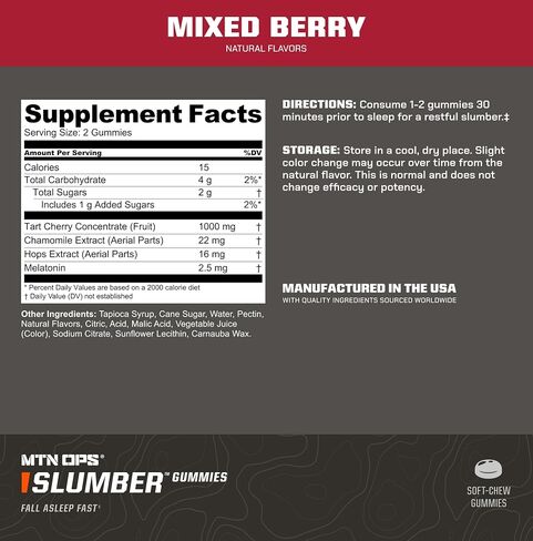 MTN OPS Slumber Gummies Sleep Aid, 120 Melatonin Gummies with Chamomile & Tart Cherry, Mixed Berry Flavor & Naturally Gluten Free in Kuwait