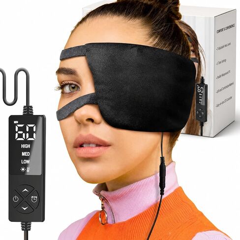 sticro Heated Eye Mask with Extra Large Size for Dry Eyes and Sinus Pressure Relief, Ultra Soft Face Heating Pad for Tension Headache Relief, Jaw TMJ Pain Relief - 3 Heat & 5 Timing Settings (Black) in Kuwait