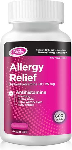 RIGHT REMEDIES Allergy Relief Antihistamine, Diphenhydramine HCl 25mg, Generic Benadryl Ultratabs, Relieves Seasonal Indoor or Outdoor Upper Respiratory Allergies, 600 Count in Saudi Arabia