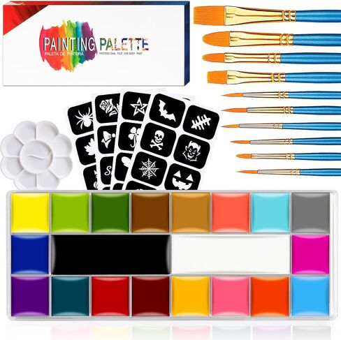 Face Paint,Face Painting Kit For Kids Party - 20 Water Based Non-Toxic Sensitive Skin Paints Includes10 Professional Brushes, 5 Sticker Models And A Paint Tray For Halloween Cosplay Parties. in Kuwait