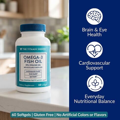 The Vitamin Shoppe Omega 3 Fish Oil 1100mg, EPA 600mg & DHA 240mg, Purity Assured, Molecularly Distilled to Support Cardiovascular, Joint and Brain Health (60 Softgels) in Kuwait