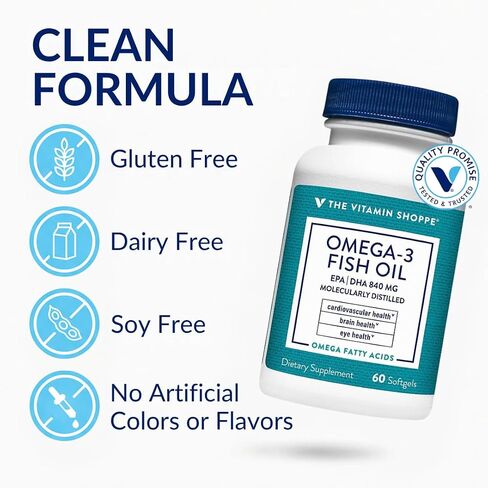 The Vitamin Shoppe Omega 3 Fish Oil 1100mg, EPA 600mg & DHA 240mg, Purity Assured, Molecularly Distilled to Support Cardiovascular, Joint and Brain Health (60 Softgels) in Kuwait