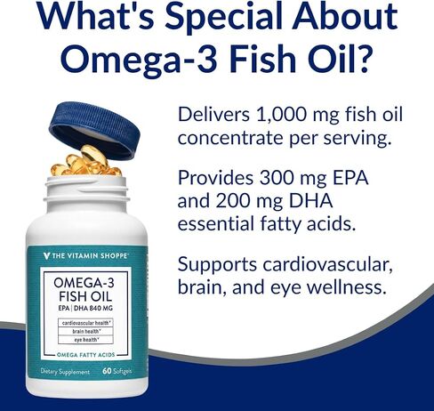 The Vitamin Shoppe Omega 3 Fish Oil 1100mg, EPA 600mg & DHA 240mg, Purity Assured, Molecularly Distilled to Support Cardiovascular, Joint and Brain Health (60 Softgels) in Kuwait