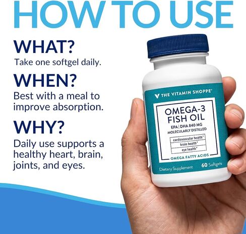 The Vitamin Shoppe Omega 3 Fish Oil 1100mg, EPA 600mg & DHA 240mg, Purity Assured, Molecularly Distilled to Support Cardiovascular, Joint and Brain Health (60 Softgels) in Kuwait