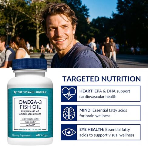 The Vitamin Shoppe Omega 3 Fish Oil 1100mg, EPA 600mg & DHA 240mg, Purity Assured, Molecularly Distilled to Support Cardiovascular, Joint and Brain Health (60 Softgels) in Kuwait