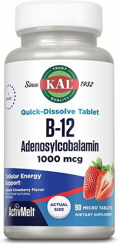 KAL Vitamin B12 1000 mcg Adenosylcobalamin ActivMelt, B12 Energy Supplements, Metabolism, Nerve and Red Blood Cell Support, High Absorption, Vegetarian, Natural Strawberry, 90 Serv, 90 Micro Tablets in Kuwait