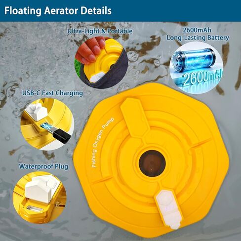Rechargeable Floating Aerator Pump - IPX7 Waterproof Portable Bait Bucket Aerator, Live Bait Aerator for Fishing, 40H+ Battery for Power Outage, Fish Tank Bubbler for Live Minnows in Saudi Arabia