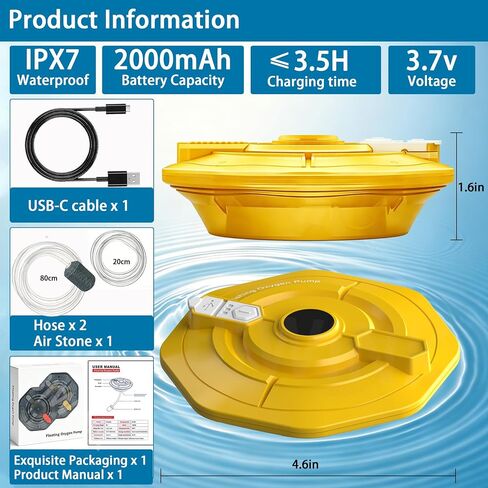 Rechargeable Floating Aerator Pump - IPX7 Waterproof Portable Bait Bucket Aerator, Live Bait Aerator for Fishing, 40H+ Battery for Power Outage, Fish Tank Bubbler for Live Minnows in Saudi Arabia