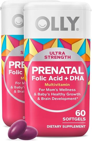 OLLY Ultra Strength Prenatal Multivitamin Softgels, Supports Healthy Growth, Brain Development, Iron, Folic Acid, DHA, Vitamins C, E, 30 Day Supply-60 Count (Packaging May Vary) in Kuwait