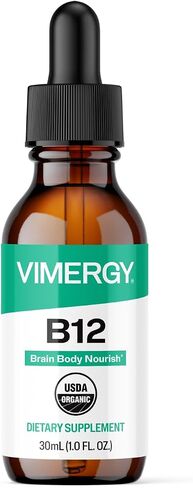 Vimergy USDA Organic Kids B12 - فيتامين سائل B12 خالٍ من الكحول - يدعم وظيفة الدماغ، وإنتاج الطاقة، والجهاز العصبي، والذاكرة - بدون غلوتين، غير معدّل وراثيًا، نباتي وباليو - حلو بشكل طبيعي (55 مل) in Kuwait