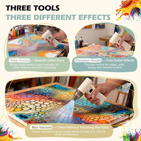 Cordless Acrylic Paint Pouring Blower, Paint Pouring Supplies with 2 Nozzles and Mini Vacuum Featuring for Fluid Art, Watercolor, Dutch Pour, Perfect for Artists Paint Projects in Kuwait