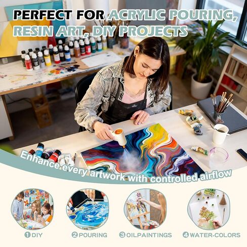 Cordless Acrylic Paint Pouring Blower, Paint Pouring Supplies with 2 Nozzles and Mini Vacuum Featuring for Fluid Art, Watercolor, Dutch Pour, Perfect for Artists Paint Projects in Kuwait