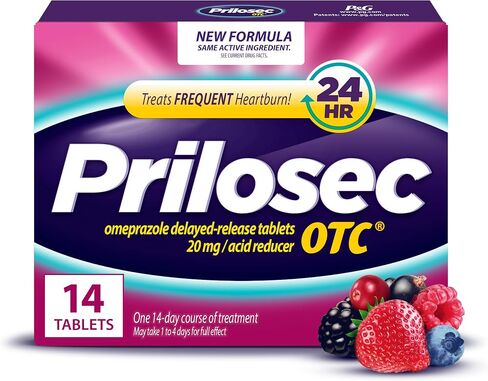 Prilosec OTC, Omeprazole Delayed Release 20mg, Acid Reducer, Treats Frequent Heartburn for 24 Hour Relief, All Day, All Night*, Wildberry Flavor, 20mg, 14 Tablets in Kuwait