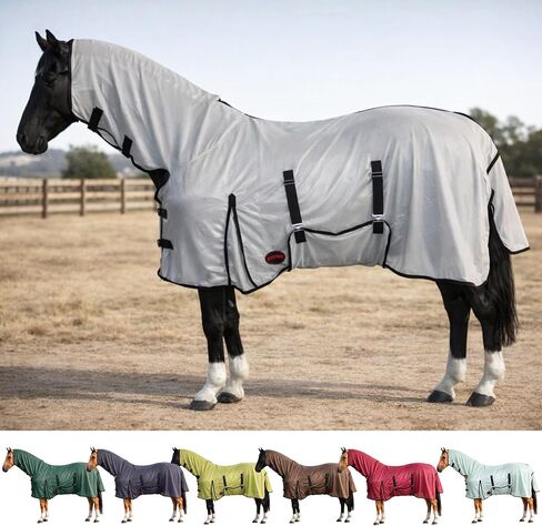 RESISTANCE Horse Fly Sheet with Neck Cover & Belly Wrap, Lightweight Breathable UV Protection Fly Sheet for Horses, Silver, Sizes 68"– 82" (Turquoise, 82") in Saudi Arabia