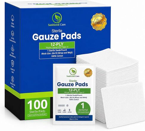 Premium 100pc Large Gauze Pads 4x4 sterile for Wounds Bulk - 12-Ply Woven Gauze Sponges - USP IV Thick and Breathable - First Aid Essential in Saudi Arabia