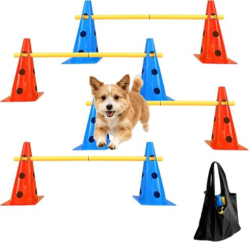 TNZMART Dog Agility Jumps Hurdles and Weave Poles Training Equipment Set Adjustable Dog Cones Obstacle Course for Backyard Portable Canine Exercise Kit with Carry Bag (Mix 4, 13 in) in Saudi Arabia