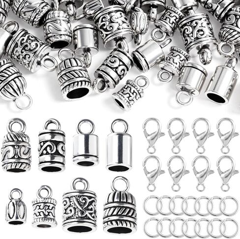 112 Pcs End Caps for Jewelry Making, Tibetan Cord End Caps with Jump Rings Lobster Clasps, Metal Embossed Tube Crimp Beads End Fasteners for Leather Bracelets Necklaces - Antique Silver in Kuwait