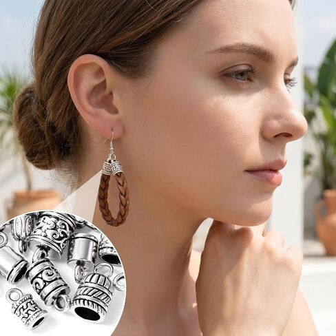 112 Pcs End Caps for Jewelry Making, Tibetan Cord End Caps with Jump Rings Lobster Clasps, Metal Embossed Tube Crimp Beads End Fasteners for Leather Bracelets Necklaces - Antique Silver in Kuwait