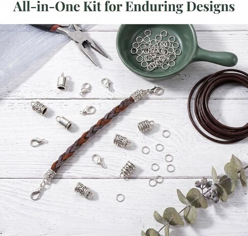112 Pcs End Caps for Jewelry Making, Tibetan Cord End Caps with Jump Rings Lobster Clasps, Metal Embossed Tube Crimp Beads End Fasteners for Leather Bracelets Necklaces - Antique Silver in Kuwait