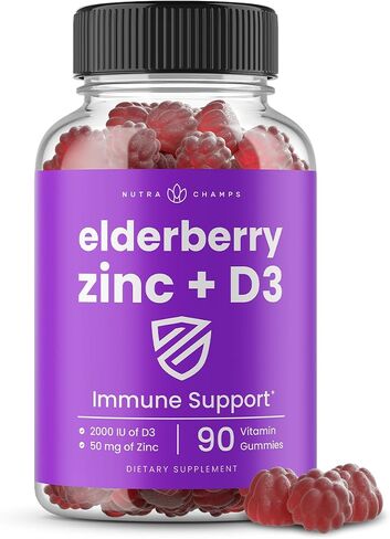 NutraChamps Zinc Gummies | 4-in-1 Zinc Gummies Adult | Zinc Chewable 50mg | Chewable Zinc Supplement Gummies with Vitamin D3 2000 IU, Elderberry & Echinacea | Immune, Heart & Brain Support | 90 Count in Saudi Arabia