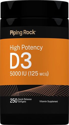 Piping Rock Vitamin D3 5000 IU | 250 Softgel Capsules | 125 mcg High Potency | Non-GMO, Gluten Free Supplement in Kuwait