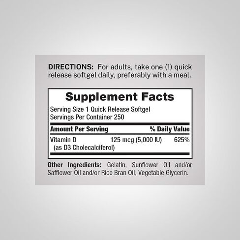 Piping Rock Vitamin D3 5000 IU | 250 Softgel Capsules | 125 mcg High Potency | Non-GMO, Gluten Free Supplement in Kuwait