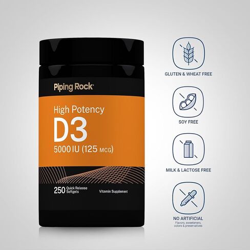 Piping Rock Vitamin D3 5000 IU | 250 Softgel Capsules | 125 mcg High Potency | Non-GMO, Gluten Free Supplement in Kuwait