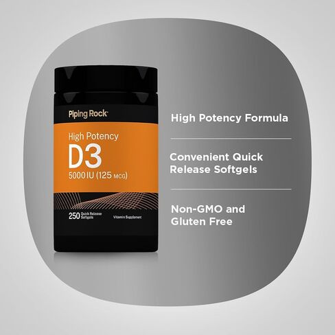 Piping Rock Vitamin D3 5000 IU | 250 Softgel Capsules | 125 mcg High Potency | Non-GMO, Gluten Free Supplement in Kuwait