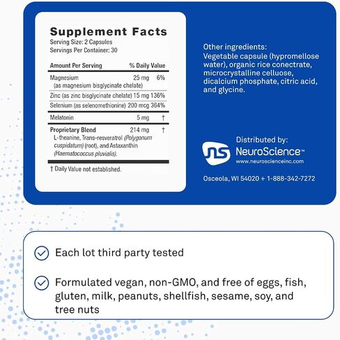NeuroScience Kavinace OS - Quick Relief from Sleeplessness After Just One Dose - Magnesium Bisglycinate Chelate + Zinc Supplements with Melatonin 5 mg - Efficient Sleep Supplement (60 Capsules) in Kuwait
