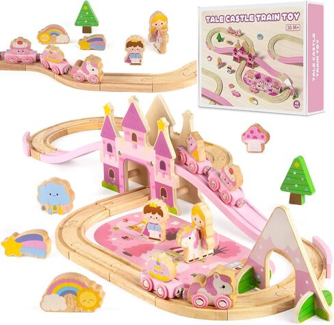 Wooden Train Set for Girls, 40PCS Pink Princess Castle Train Set in Kuwait