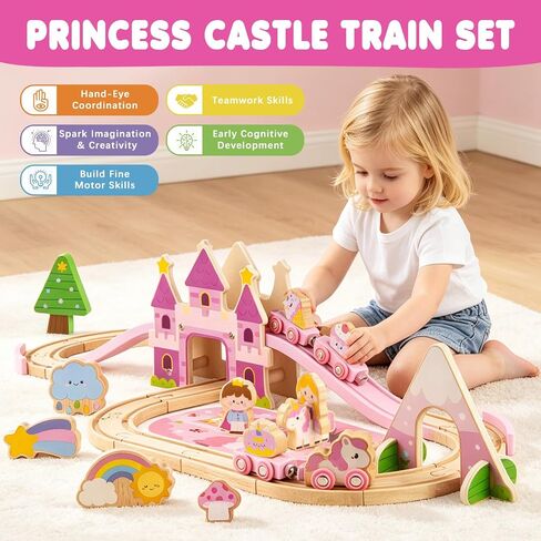 Wooden Train Set for Girls, 40PCS Pink Princess Castle Train Set in Kuwait