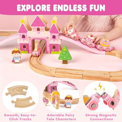 Wooden Train Set for Girls, 40PCS Pink Princess Castle Train Set in Kuwait
