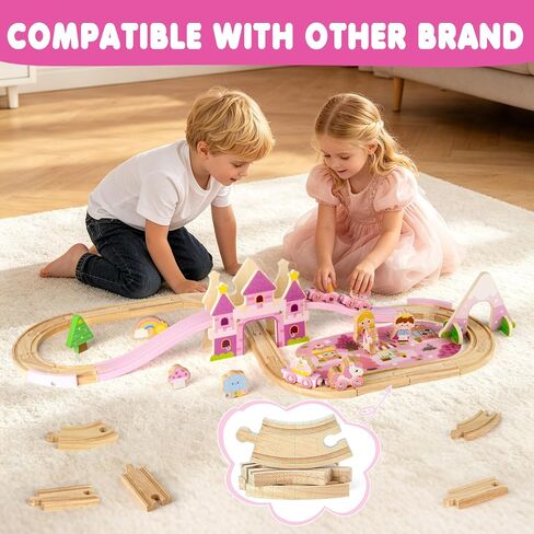 Wooden Train Set for Girls, 40PCS Pink Princess Castle Train Set in Kuwait