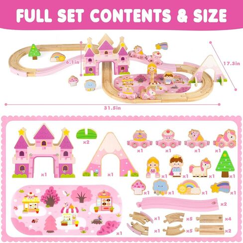 Wooden Train Set for Girls, 40PCS Pink Princess Castle Train Set in Kuwait
