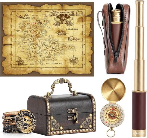 Retro Pirate Telescope for Kids, Pirate Treasure Hunt Kit with 25×30 Collapsible Spyglass Telescope, Treasure Map, Treasure Chest, Compass & Gold Coins, Gifts for Boys & Girls in Saudi Arabia