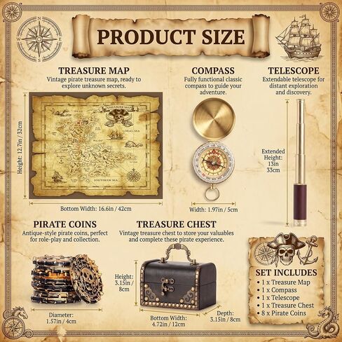 Retro Pirate Telescope for Kids, Pirate Treasure Hunt Kit with 25×30 Collapsible Spyglass Telescope, Treasure Map, Treasure Chest, Compass & Gold Coins, Gifts for Boys & Girls in Saudi Arabia